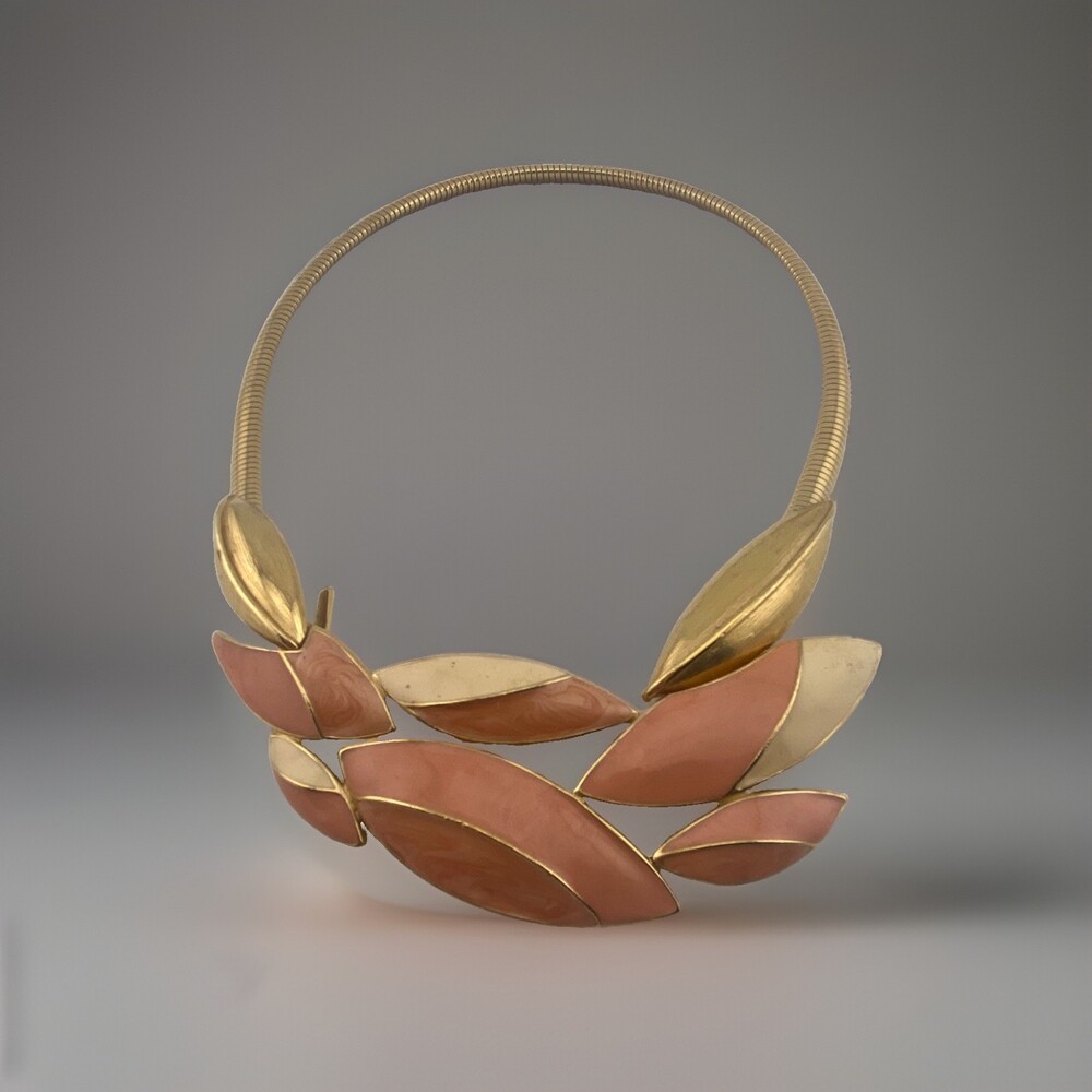 Vintage TRIFARI Pink Enamel Leaf Art Deco Necklace Gold Tone Statement Collar